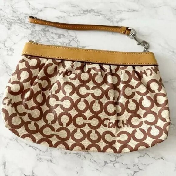 Coach Op Art Tan Brown Pleated Coated Canvas Large Zip Top Wristlet - Picture 7 of 13